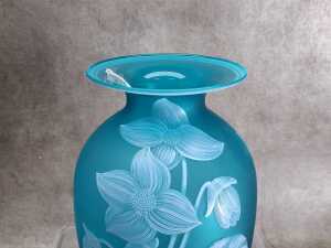 Azue blue frosted glass vase with floral and butterfly design - 2