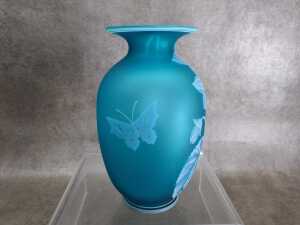 Azue blue frosted glass vase with floral and butterfly design - 3