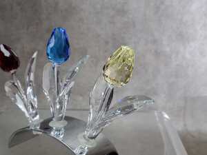 Three Swarovski Crystal large Tulip figures with display stand - 3