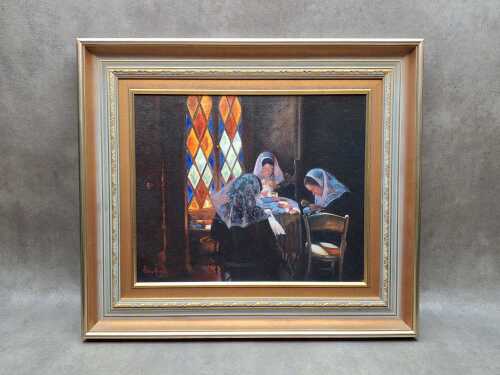 Joy Brookman, The Lace Makers, 1987. Oil painting on canvas board