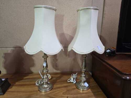 Pair of vintage brass table lamps with cream shade
