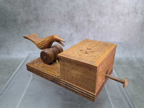 Vintage carved timber mechanical cigarette dispenser