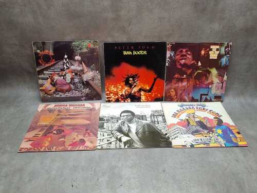 Six vinyl records, including Blues and Funk