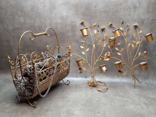 Gold-tone decorative items and blue and brown tassels