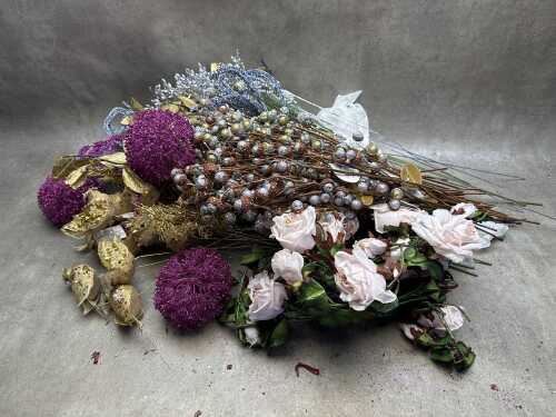Decorative floral, bird, acorns on wires
