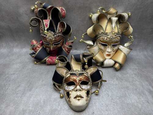 Three hand-painted Venetian Jester plaster masks