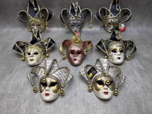Eight hand-painted Venetian Jester plaster masks