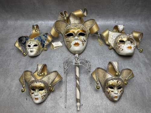 Five hand-painted Venetian Jester plaster masks