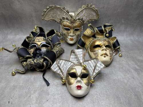 Four hand-painted Venetian Jester plaster masks