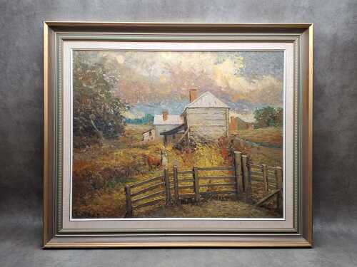 Artist unknown, Cottage farm. Oil painting on board