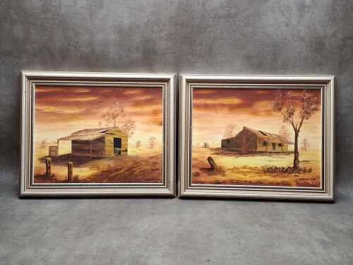 Pair of Len Ayton, Outback sheds. Acrylic paintings on board