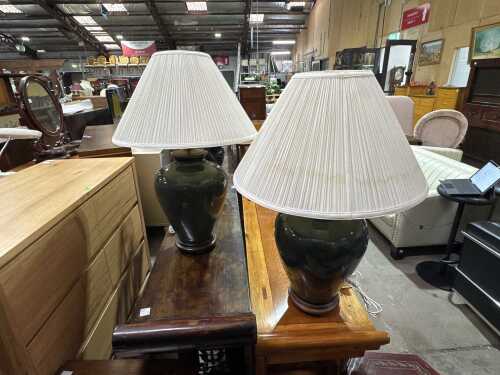 Pair of green Porcelain lamps with timber mounts and bases