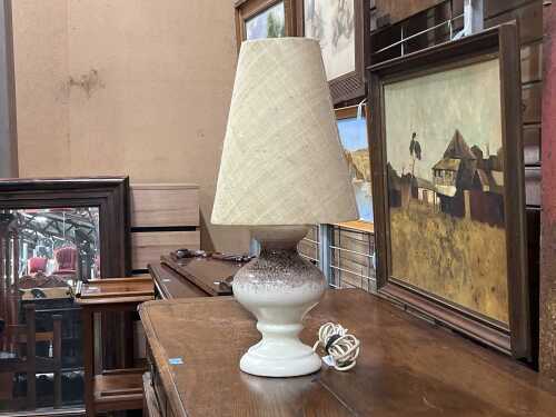 Pottery table lamp with splatter glaze and conical hessian shade