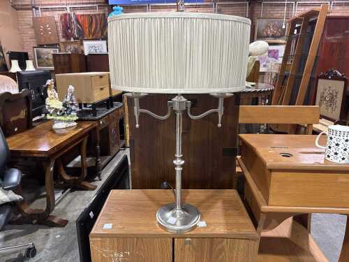 Metal candlearbra form table lamp with pleated fabric shade