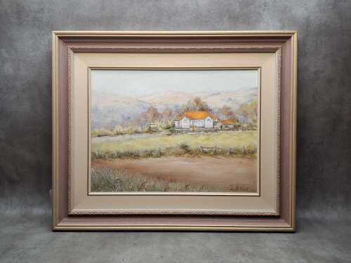 J. Arthur, homestead in Australian landscape. Oil painting on board.