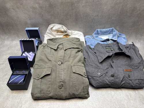 Five men's casual shirts and jackets in large sizes. With three boxed tie and cufflink sets.