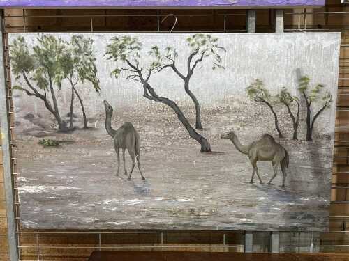 Anne Buxton, camels in Australian landscape. Acrylic painting on board