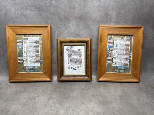 Three framed prints of illuminated medieval manuscripts
