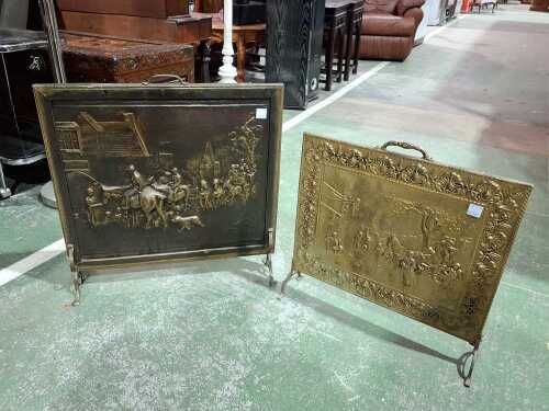 Two embossed brass firescreens