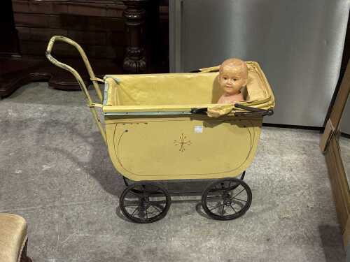 Vintage timber and metal toy pram together with baby doll
