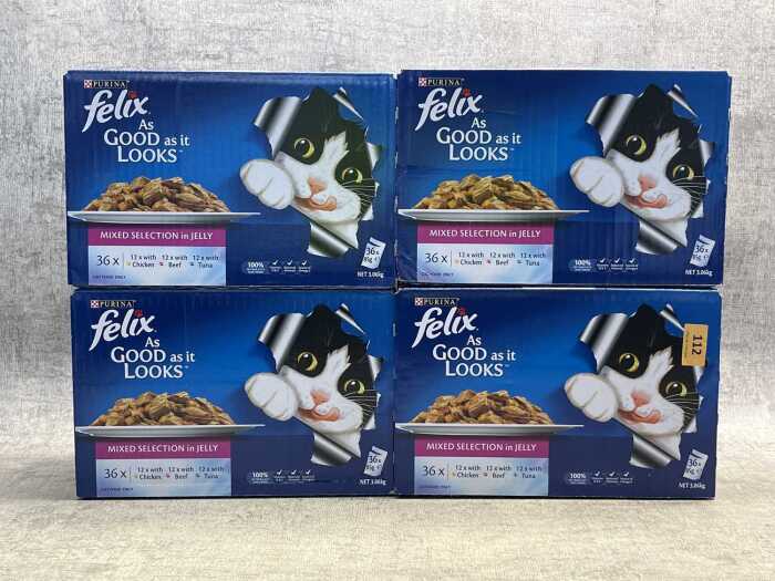 Four Purina Felix cat food boxes