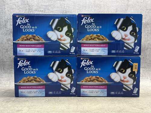 Four Purina Felix cat food boxes
