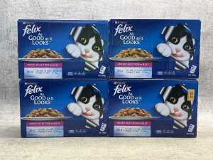 Four Purina Felix cat food boxes