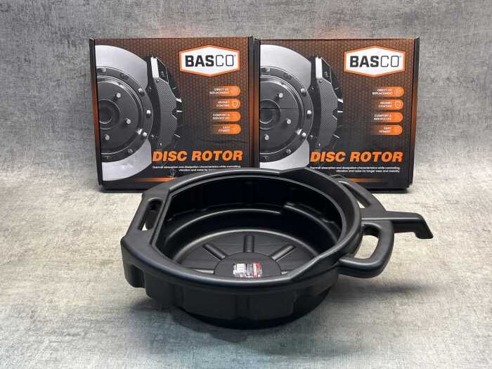 Two Basco disc rotors & Sedy oil drain pan