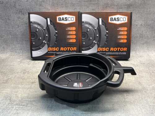 Two Basco disc rotors & Sedy oil drain pan