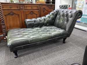 Green leather Chesterfield chaise