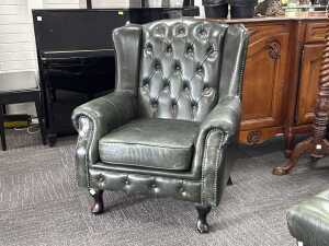 Green leather wingback Chesterfield chair with matching ottoman - 2