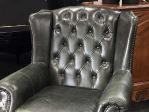 Green leather wingback Chesterfield chair with matching ottoman - 3