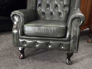 Green leather wingback Chesterfield chair with matching ottoman - 4