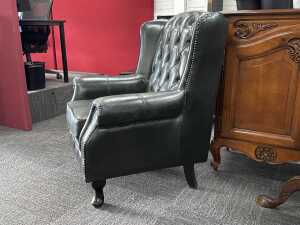 Green leather wingback Chesterfield chair with matching ottoman - 5
