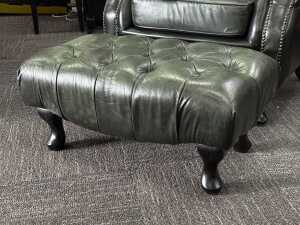 Green leather wingback Chesterfield chair with matching ottoman - 6