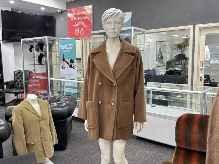 Designer-style double-breasted camel wool pea coat with tortoiseshell buttons