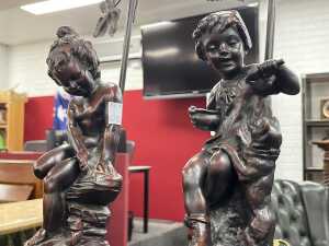 Pair Art Nouveau-style metal and resin figural table lamps - 2