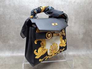 Designer-style black, white and gold tone handbag with gold tone hardware and bag scarf - 2