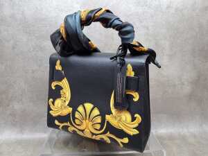 Designer-style black, white and gold tone handbag with gold tone hardware and bag scarf - 4