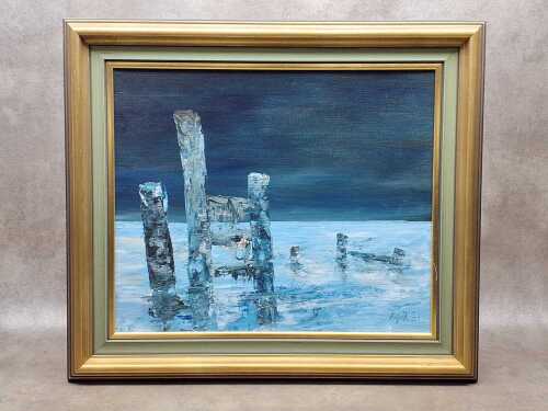 55 · Hazell Ray, Rebuilding The Breakwater, 1977. Oil painting on board
