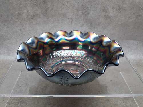 Vintage Australian Carnival glass amethyst swan master bowl
