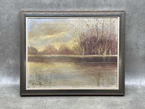 66 · A. Gundler, riverscape with reeds. Antique oil painting on canvas