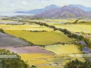 N. H. Morton, landscape with mountains and paddocks. Oil painting on board - 2