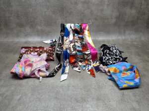 Designer-style scarves and hair ties in various colours and fabrics