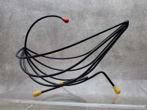 Mid-century black wire fruit basket with yellow and red tips. - 2