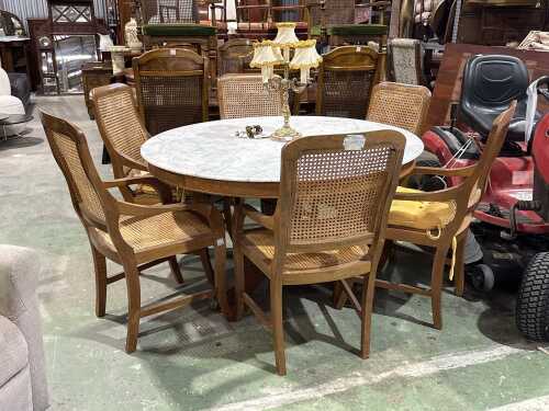 Antique English-style marble-top seven-piece dining table