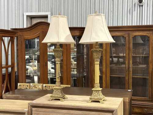 Pair of ornate table lamps with shades