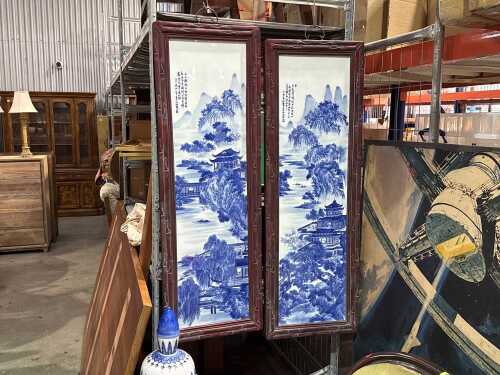 A pair of blue and white porcelain panels