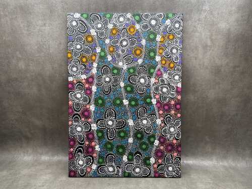 Rosemary Bird (1978-), Bush Flowers. Indigenous Australian acrylic painting on linen