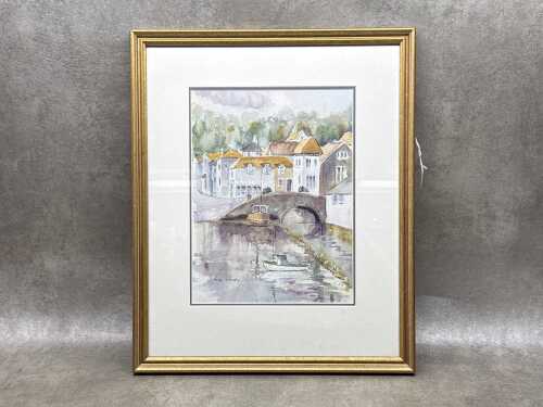 June Woods (w. 1970-80s), canal scene. Watercolour painting on paper